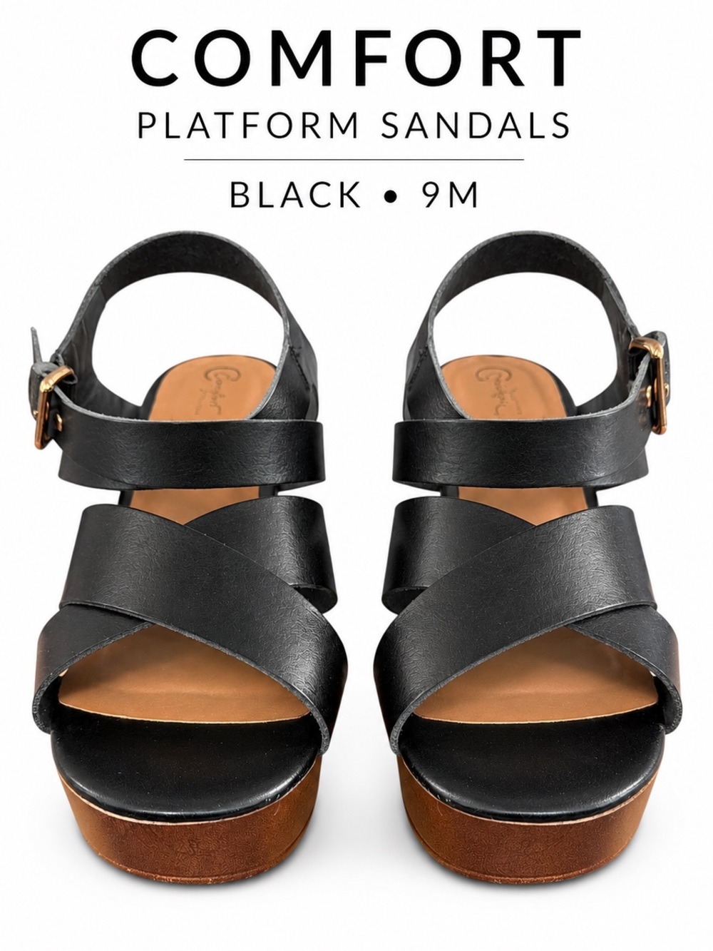 Comfort Black Platform Block Heel Sandals Women’s 9M Buckle Strappy